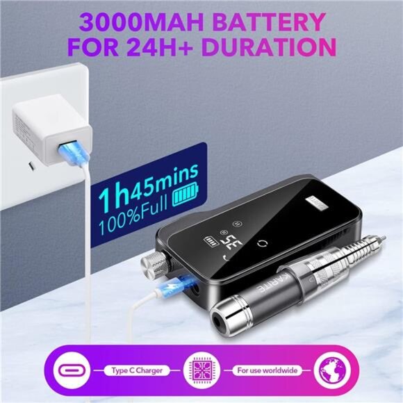 Nail Drill for Acrylic Nails Professional, 35000RPM Portable Nail File, Electric - Picture 3 of 7